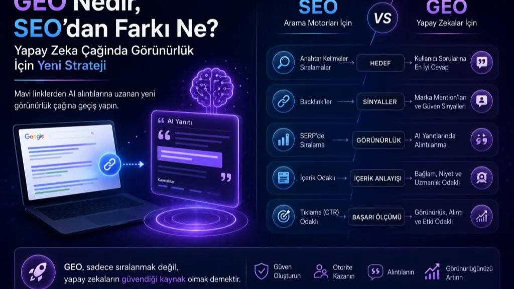 GEO (Generative Engine Optimization) nedir, SEO'dan farkı nelerdir? ChatGPT, Gemini ve Perplexity gibi yapay zeka arama motorlarında görünür olmak için bilmeniz gereken her şey bu rehberde.